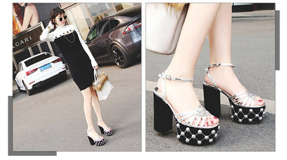Luxury Brand Women's Summer Fashion Metal Platform Sandals Large 34-42 Super High Heel Thick Bottom Rivet Party Women's Shoes