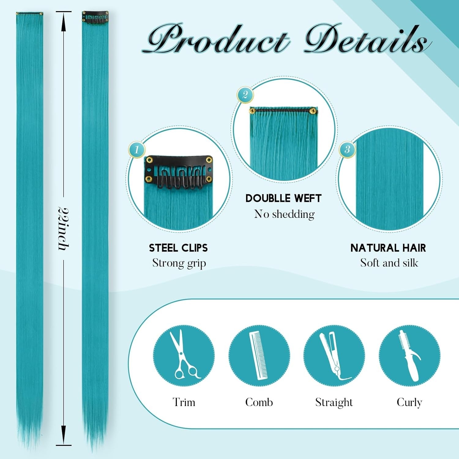 12 PCS Teal Blue Hair Extensions Clip in, Colored Party Highlights Extension for Kids Girls Synthetic Hairpiece Straight 22 inch