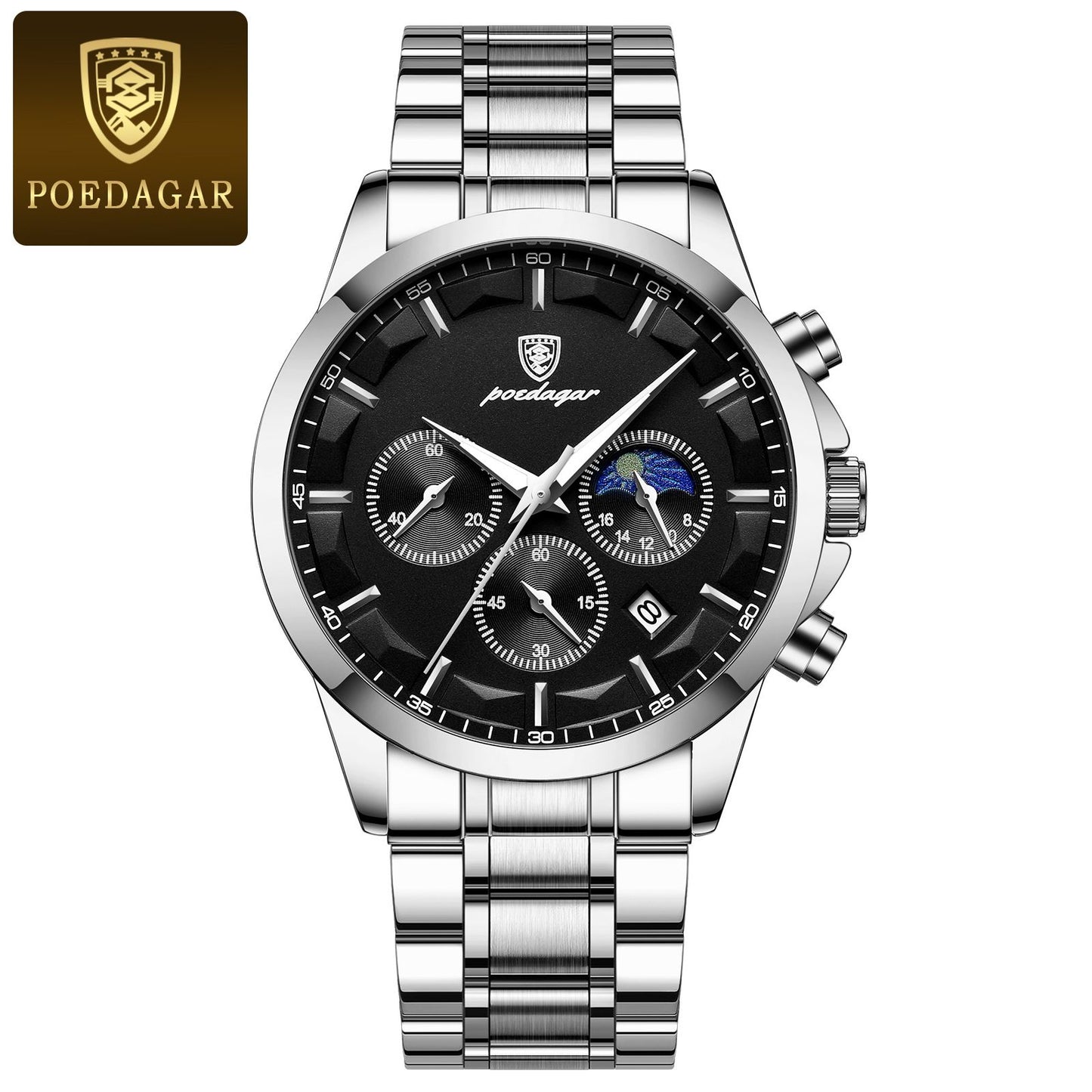 POEDAGAR Top Fashion Men's Watches Waterproof Luminous Stainless Steel Men Wristwatch Chronograph Date Quartz Business Man Watch