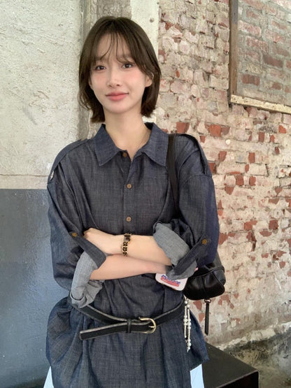 Versatile Chic Dongdaemun Denim Shirt Long Sleeve Woven Straight Cut Commute Urban Style Shirt Versatile Fashionable Shoulder...