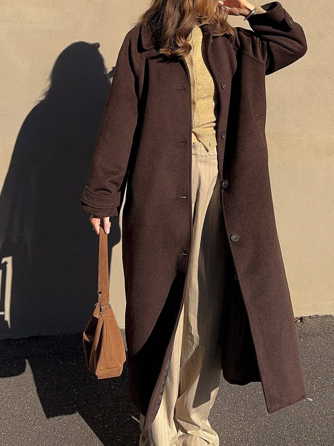 Brown Women Retro Woolen Warm Overcoat Solid Lapel Waist Cinching Single Breasted Loose Coat 2025 Lady Winter Street Warm Wear