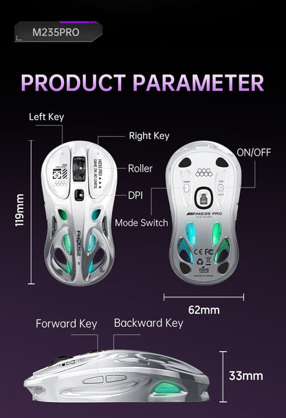 M235 Pro Lightweight Wireless Laptop Mouse BT/2.4G/Wired RGB 1000Hz Polling Rate Programmable Designed for Comfortable Office