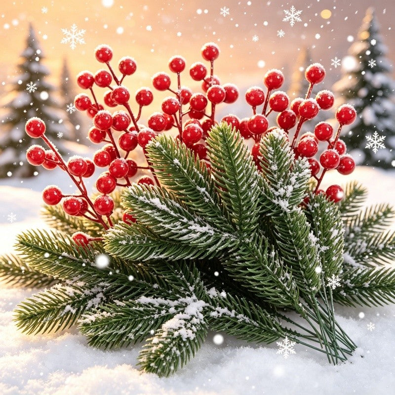 10Pcs Artificial Pine Branches Holly Berries Red Berry Branches for Xmas Tree Decor Wreath Navidad Gift Christmas Decoration