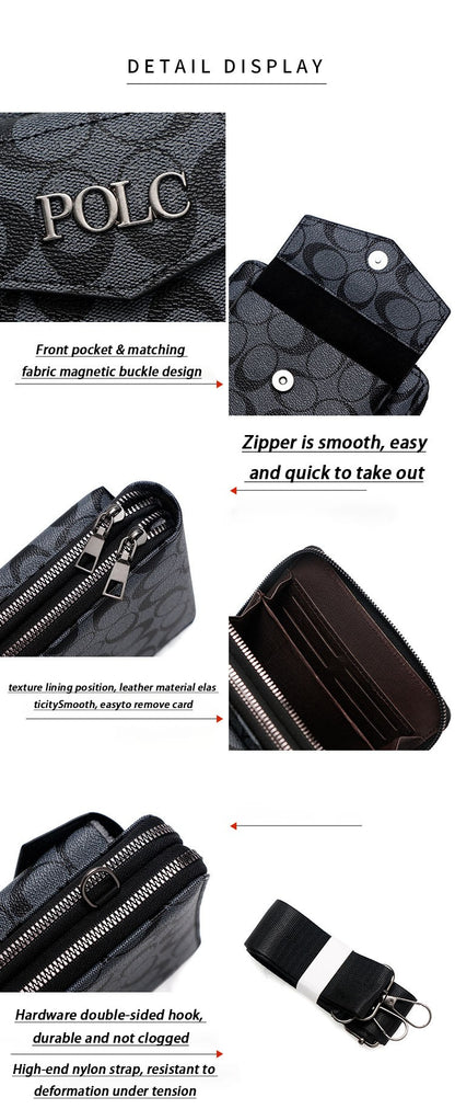 Business men's printed crossbody bag, shoulder bag, double zipper, large capacity ID bag, mobile phone bag, hanging bag