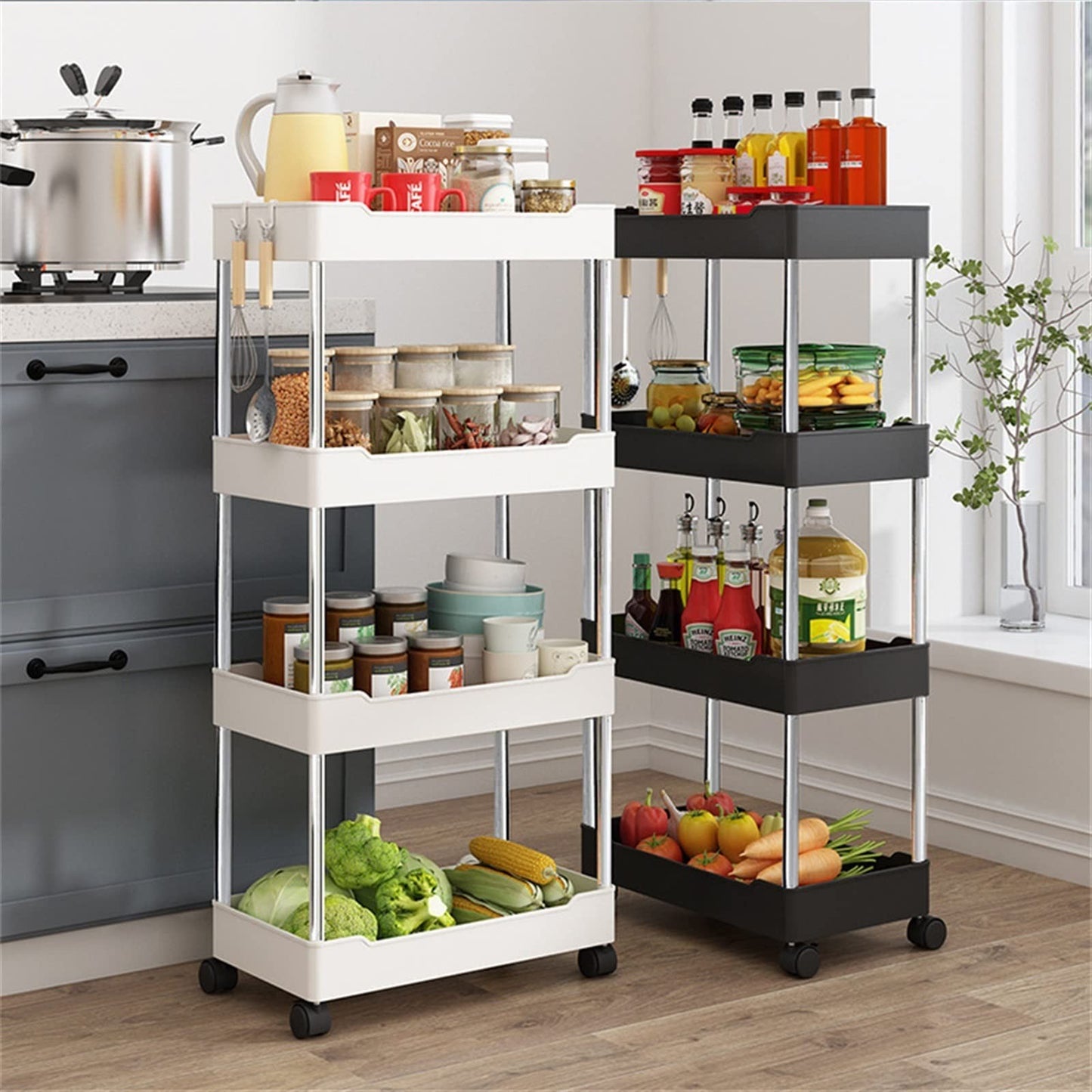 Bathroom Storage Rack with Wheels 3/4 Layer Rolling Utility Cart Bathroom Storage Organizer Multi-purpose Utility Cart