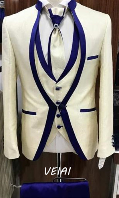 CustomizedNew White Royal Blue Rim Stage Clothing for Men Suits Male Wedding Set Costume Groom Tuxedo Formal (Jacket+pants+vest)