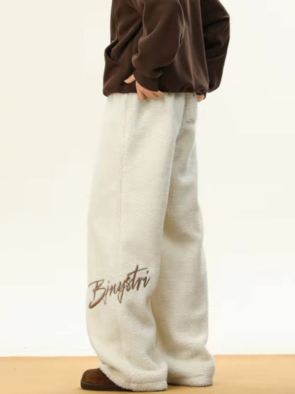 Women's Embroidered Flannel Sweatpants American Lamb Fleece Cotton Thickened Warm Couple Skiing Pants Autumn