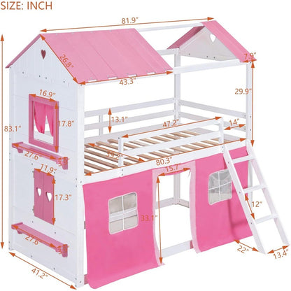 Beliche de Casal com Tenda, Beliche Infantil com Escadas, Guarda-corpo, Janelas e Telhado, Beliche de Madeira de Casal Ov