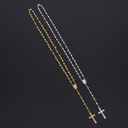 Colar Terço Cor Prata Para Mulheres Homens Miçangas De Metal De 6MM Corrente Longa Pingente Cruz Crucifixo Joia Religiosa Para Festa Presente