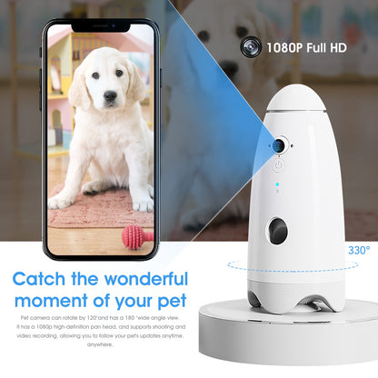 Câmera Inteligente 1080p Pequena para Cães com Dispensador de Petiscos, Visão 180°, Câmera para Cães com Arremesso de Petiscos com App para Celular, Áudio Bidirecional Android e iOS