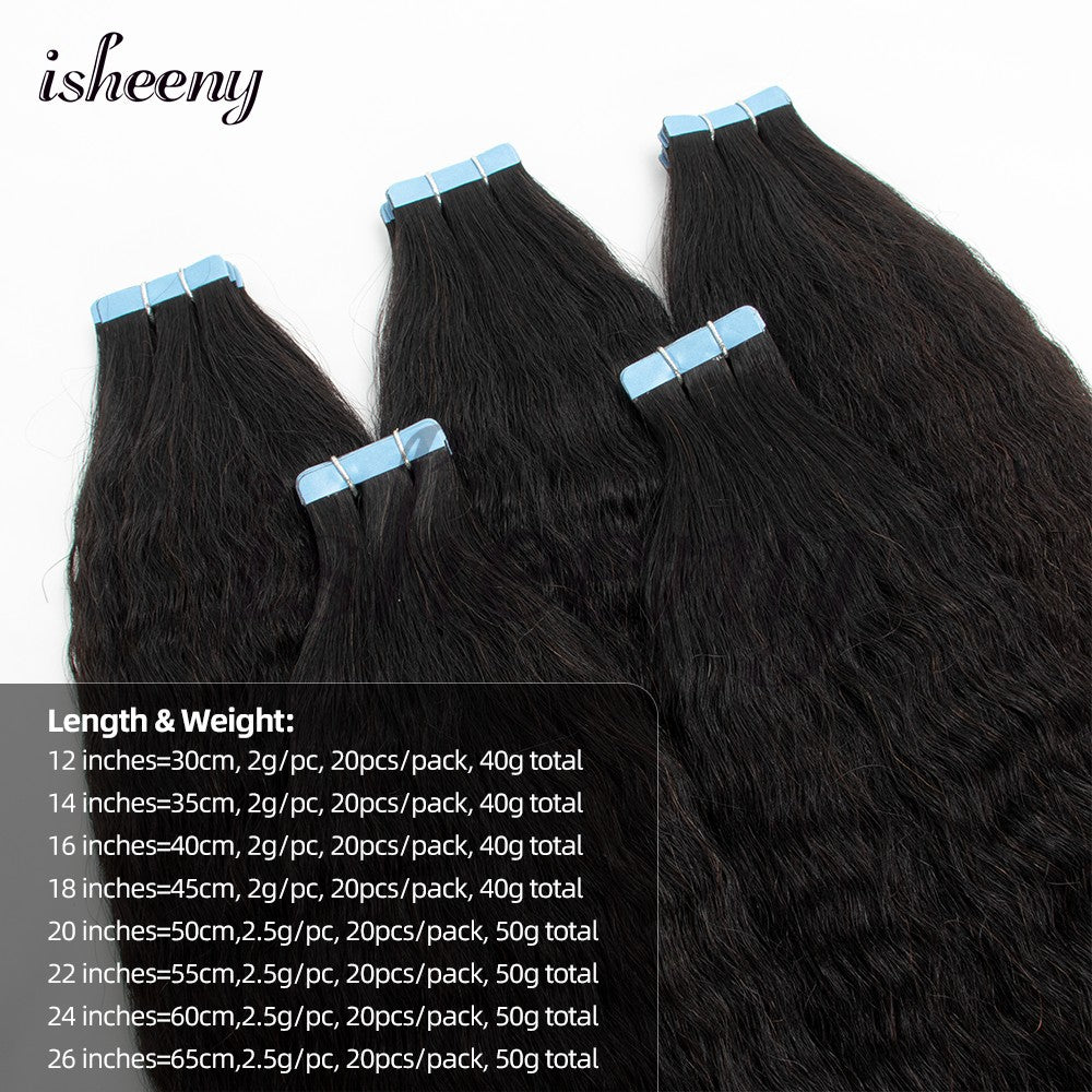Apliques de Cabelo Humano Kinky Straight com Fita Invisível 12"-20" Preto Natural Cabelo Remy Verdadeiro com Fita Fácil de Usar para Mulheres