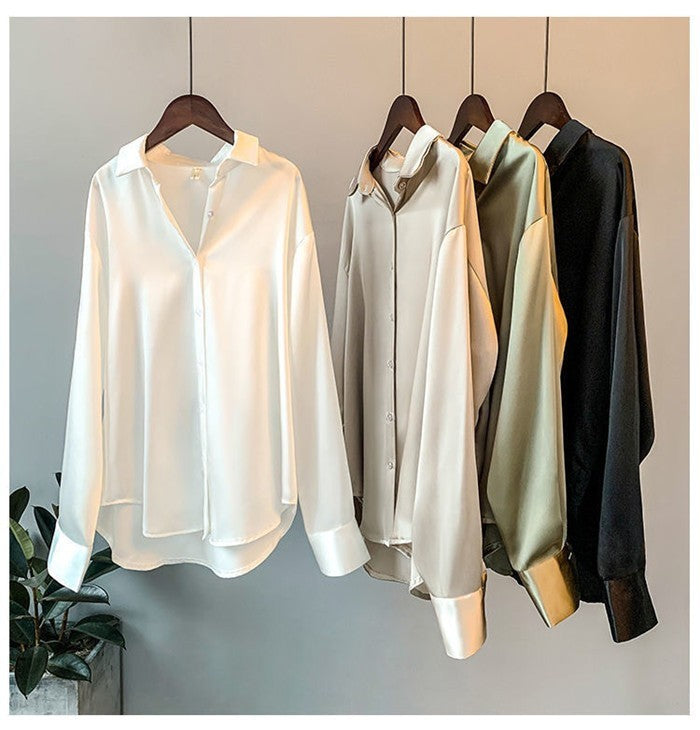 Fall Turn-down Collar Elegant Satin Loose Women Shirt 2025 Plus Size Blouse Autumn Vintage Casual Button Silk Tops