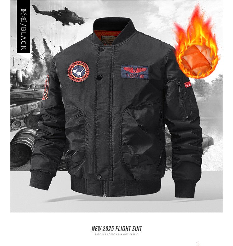 Unisex Winter Thicken Warm Bomber Jacket Air Force Style Flight Parkas Coat with Cotton Embroidery Casual Outwear for Men