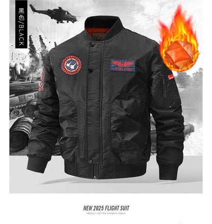 Unisex Winter Thicken Warm Bomber Jacket Air Force Style Flight Parkas Coat with Cotton Embroidery Casual Outwear for Men