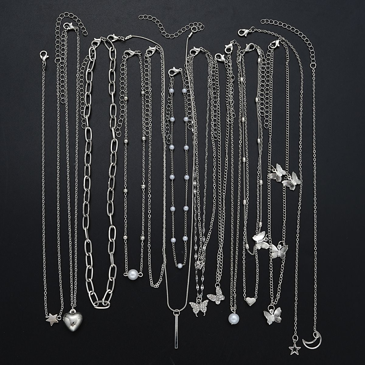 Conjunto de Colares 13 Peças/Kit Temperamento Simples Borboleta Pérola Coração Estrela Zircônia Cor Prata para Mulheres Joias da Moda de Presente