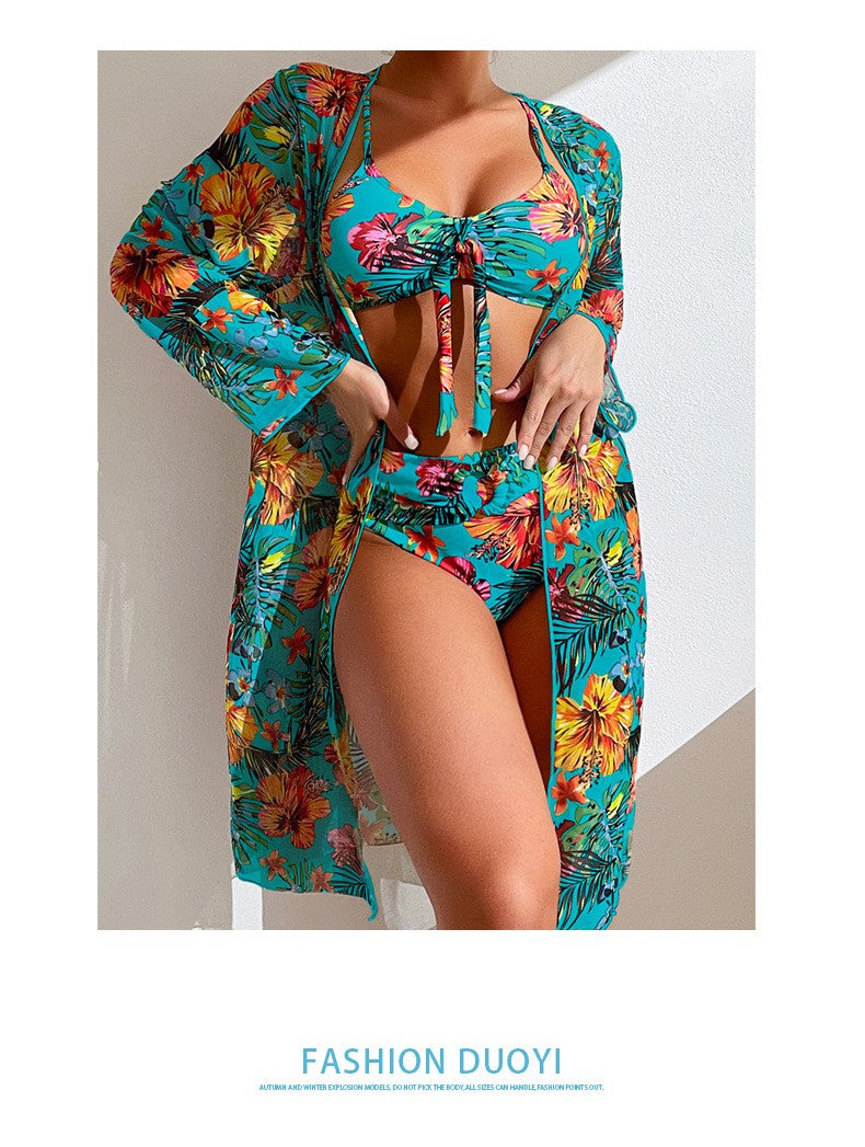 Bohemian Print Sexy Women's Beach Bikinis Three Pieces Bikini Set Cover Up Swimwear High Waisted Bikini Set Women Swimsuit 2025