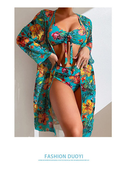 Bohemian Print Sexy Women's Beach Bikinis Three Pieces Bikini Set Cover Up Swimwear High Waisted Bikini Set Women Swimsuit 2025