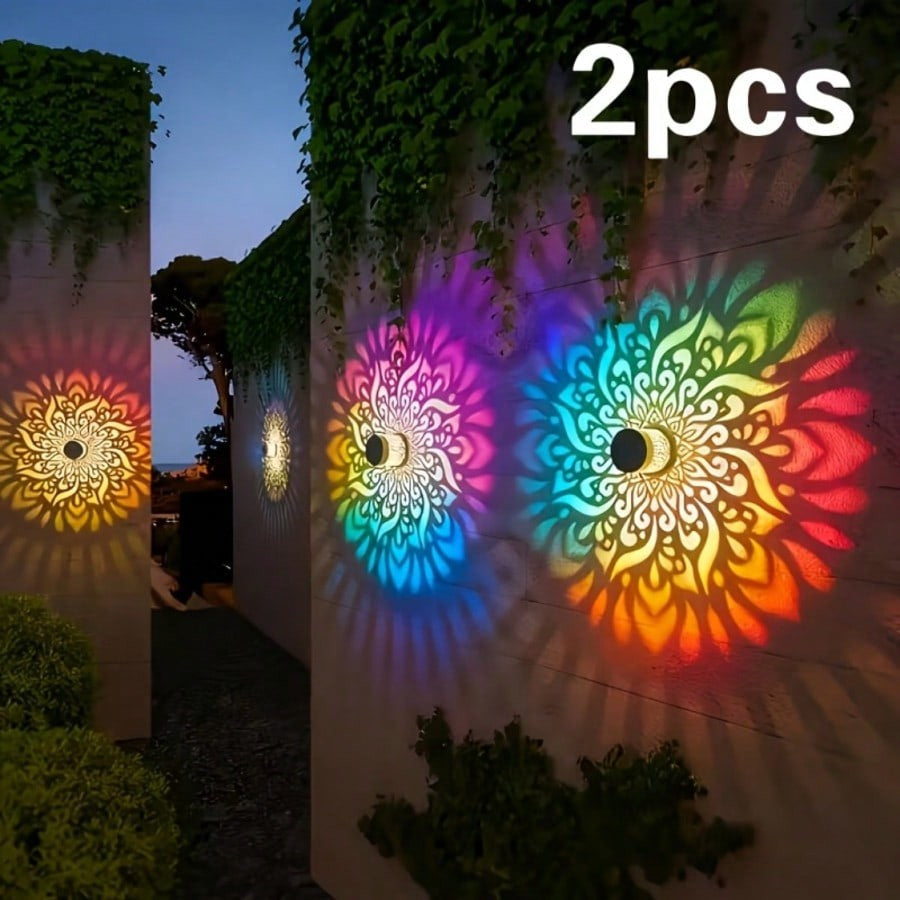 2Pcs Solar-Powered Mandala Metal Hollow Outdoor Wall Lamp, Outdoor Garden Solar Lamp