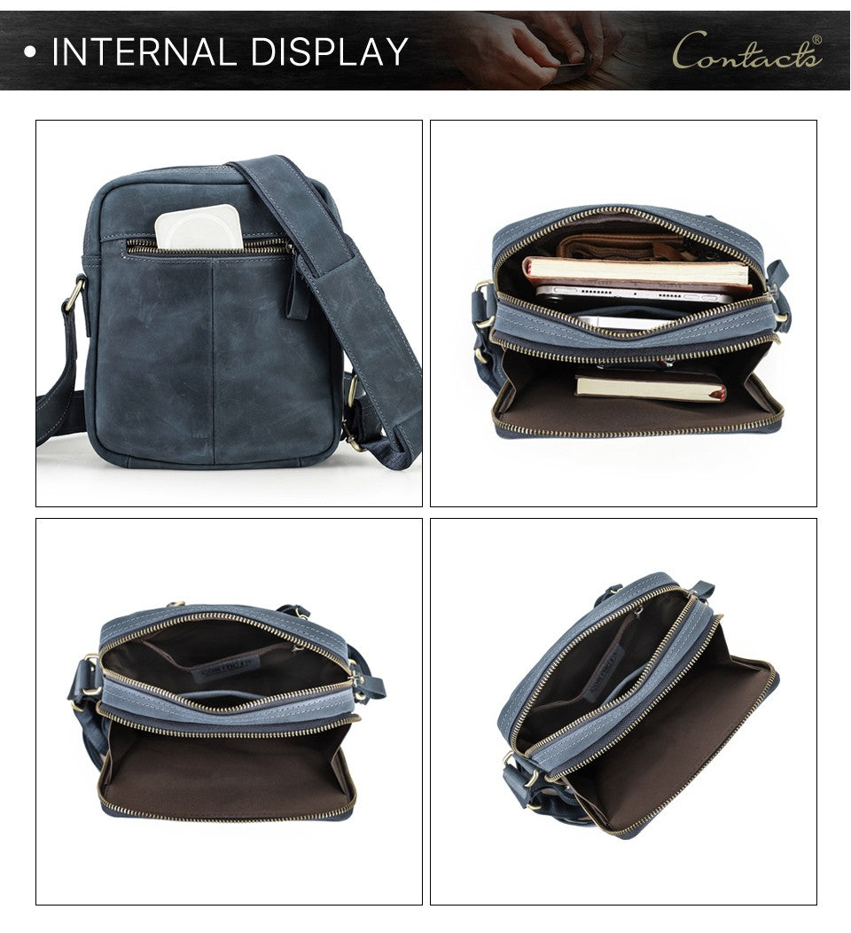 CONTACT'S Genuine Leather Men's Messenger Bag Vintage Sling Shoulder Bags for 7.9" iPad Mini High Quality Male Crossbody Bag Men