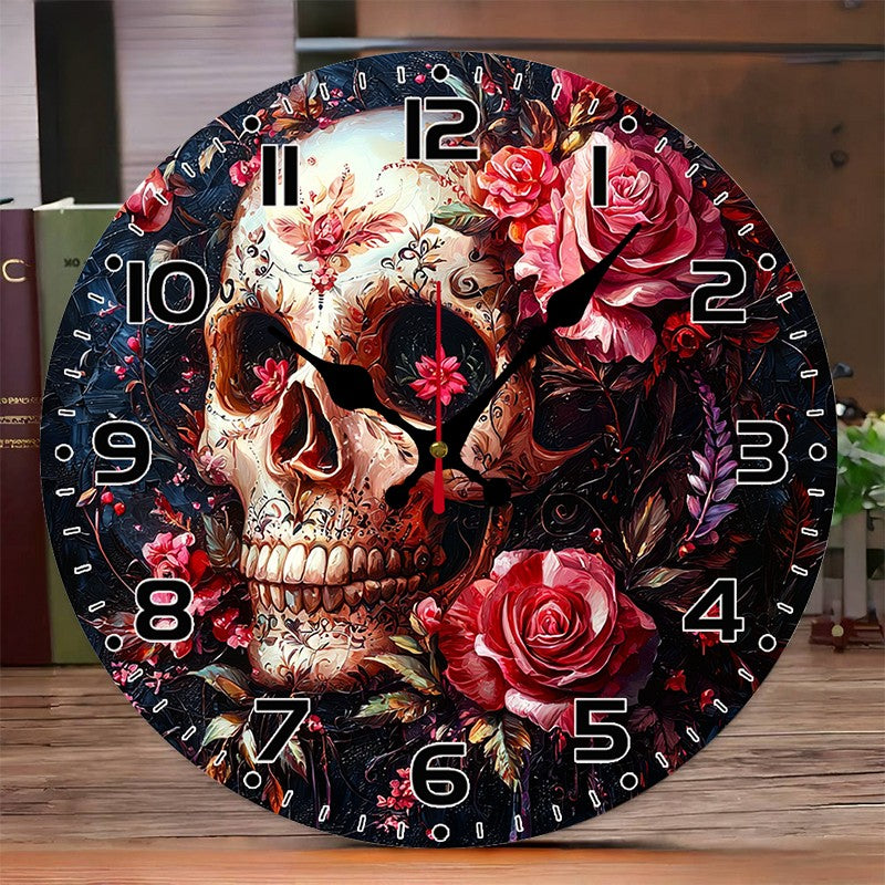 Evil Skull Wooden Round Silent Hanging Wall Clock, Suitable For Living Room, Office, Study Room, Bedroom, Home Decoration