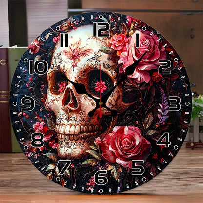 Evil Skull Wooden Round Silent Hanging Wall Clock, Suitable For Living Room, Office, Study Room, Bedroom, Home Decoration