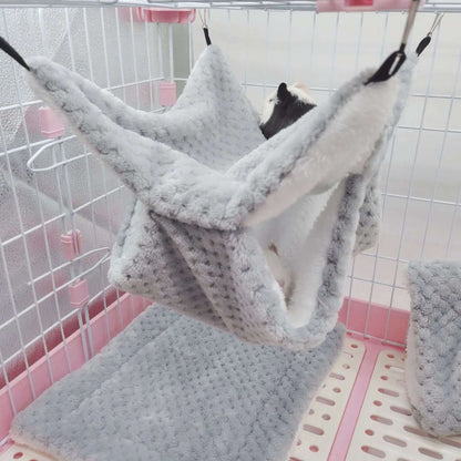 Rede de estimação quente de inverno, rede de hamster de pelúcia espessa de camada dupla, chinchila, porquinho da índia, furão, saco de dormir, gaiola suspensa de hamster