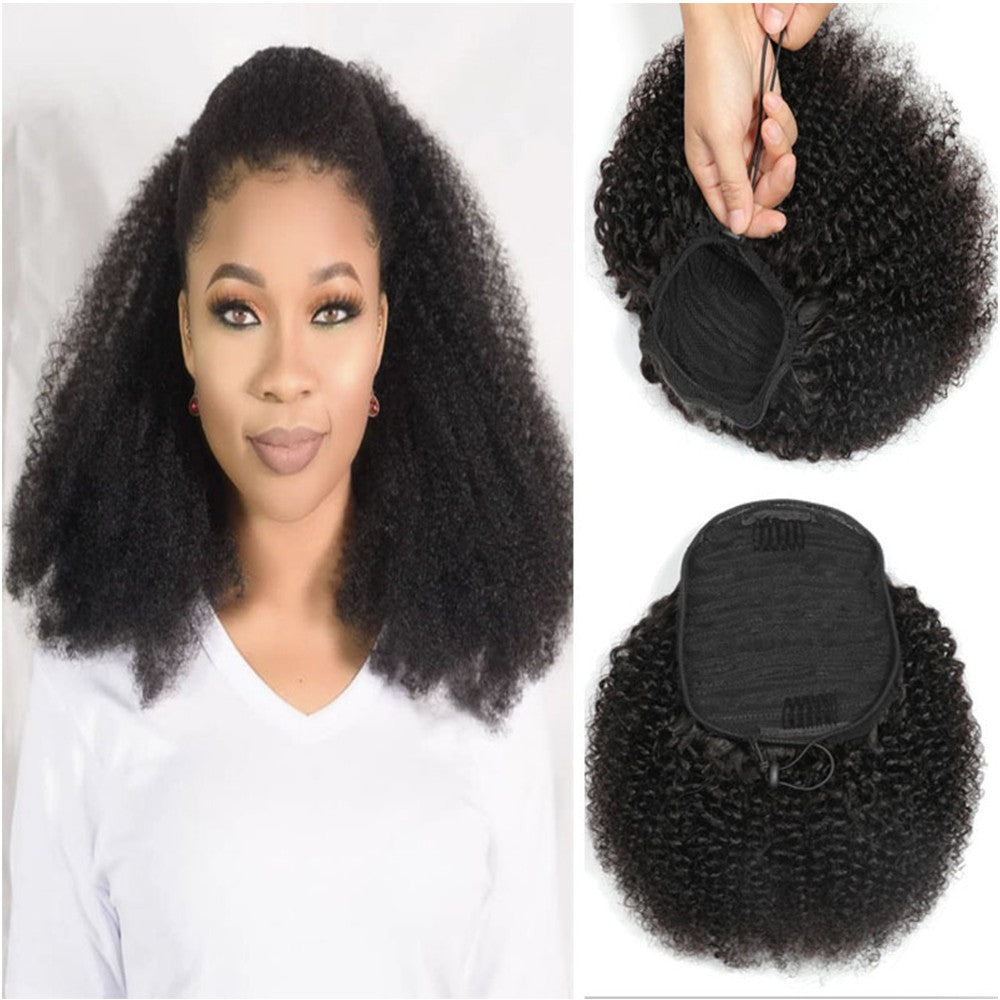Extensões de Cabelo Afro Crespo Cacheado Rabo de Cavalo com Cordão Clip-in Extensões de Cabelo Humano Rabo de Cavalo Peças de Cabelo Crespo Cacheado Mongol