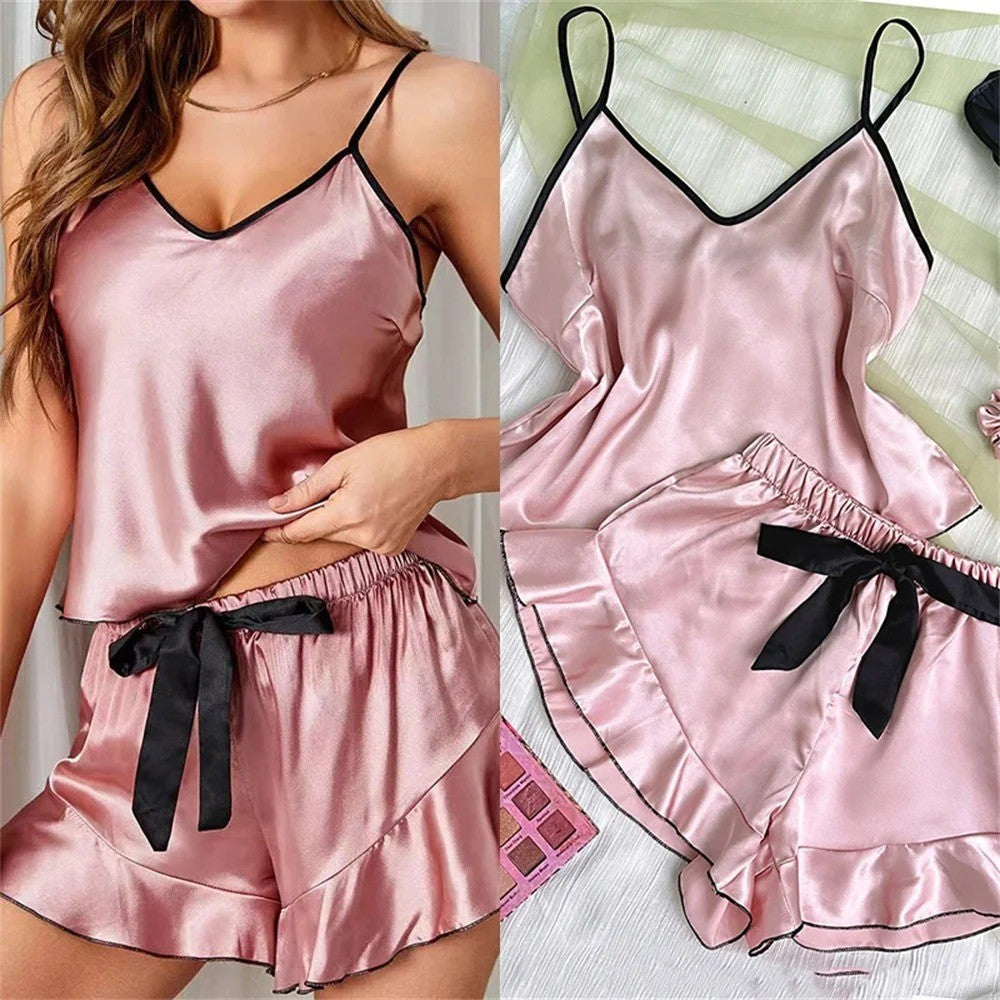 Women's Smooth Satin Pajamas V-Neck Top Ruffled Edges and Bow Shorts Simple and Breathable Pajama Set Sling Home Clothing