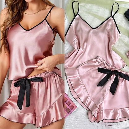 Women's Smooth Satin Pajamas V-Neck Top Ruffled Edges and Bow Shorts Simple and Breathable Pajama Set Sling Home Clothing