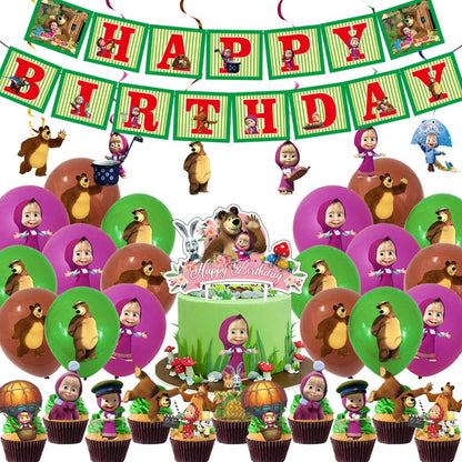 Masha and The Bear Theme Birthday Party Supplies Girls Masha Tableware Set Balloons Plates Cups for Kids Party Baby Shower Decor