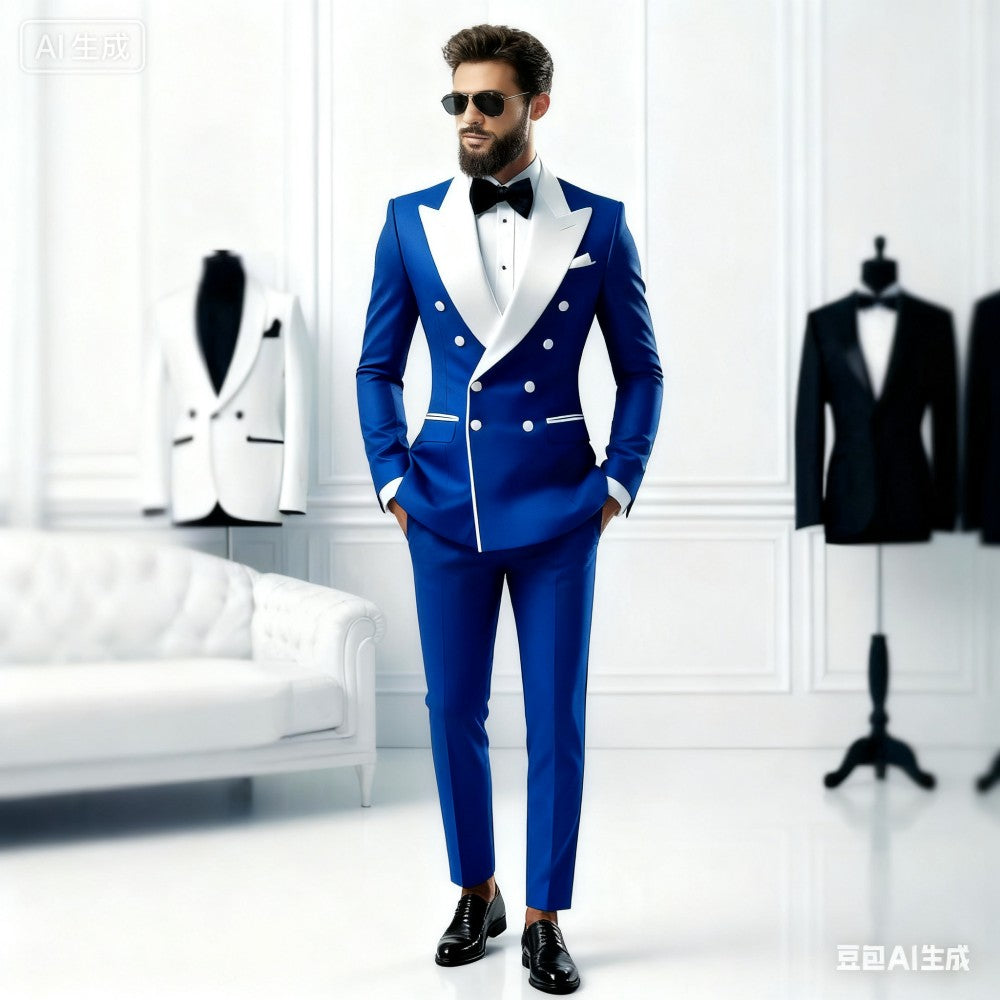 Men's 2-Piece Casual Smalking Set with White Lapel Blazer And Black Pants Wedding Groomsmen Suit for Ceremony And Festa