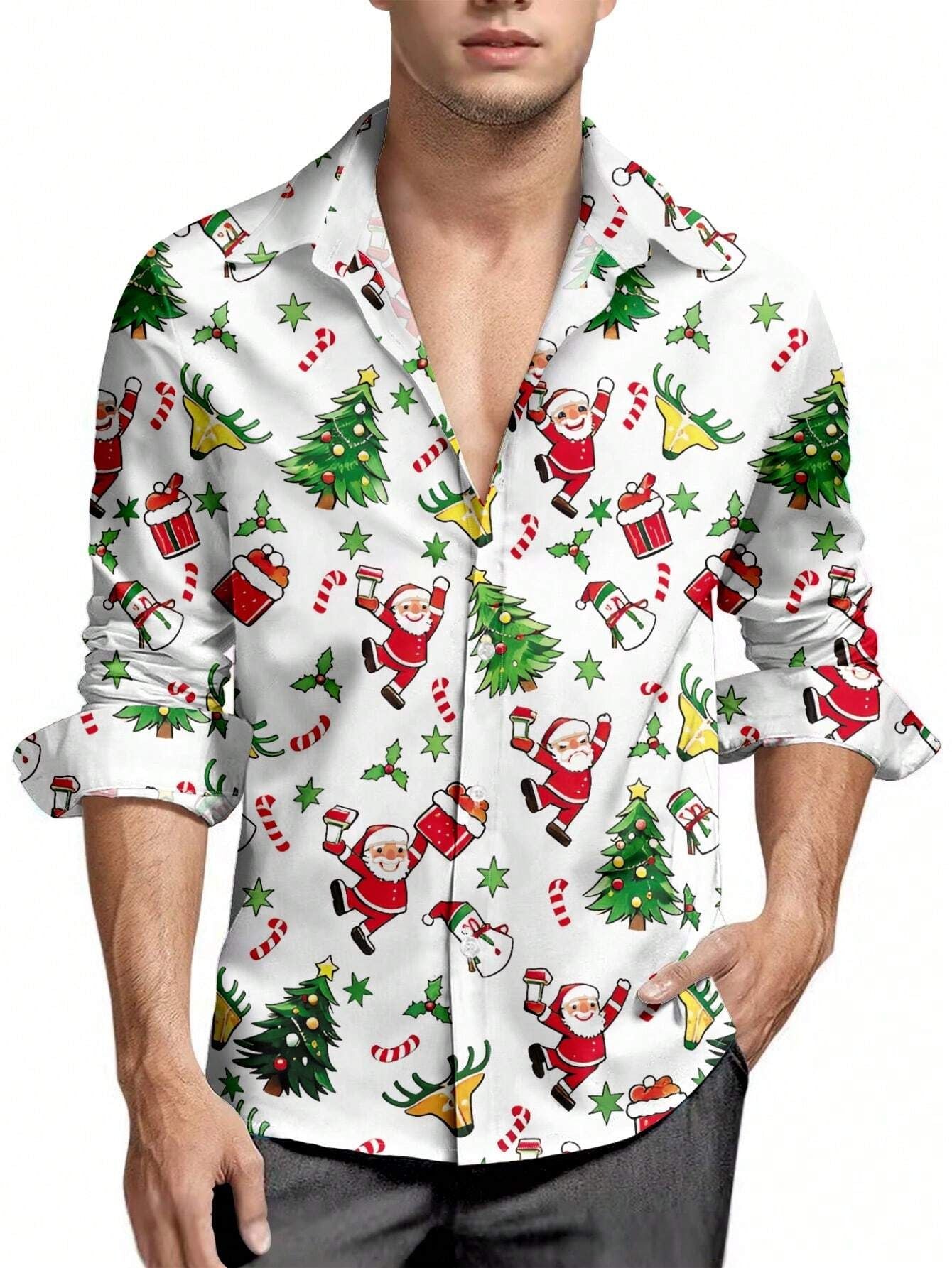 Christmas Festival Theme Men's 3D Prints Red Formal Shirts Christmas Santa Claus Graphic Long Sleeved Shirt Fashion Men's Shirts