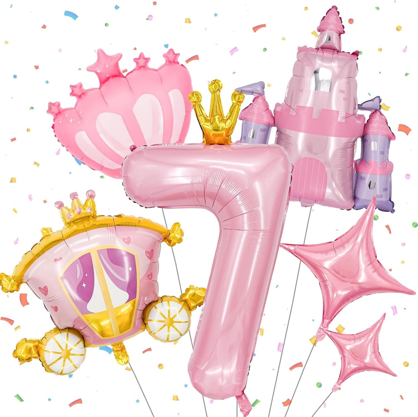 6-Piece Princess Theme Party Decoration Set: Princess Carriage + Pink Castle + 40-inch Numbers + Crown Heart + Star Foil Balloon