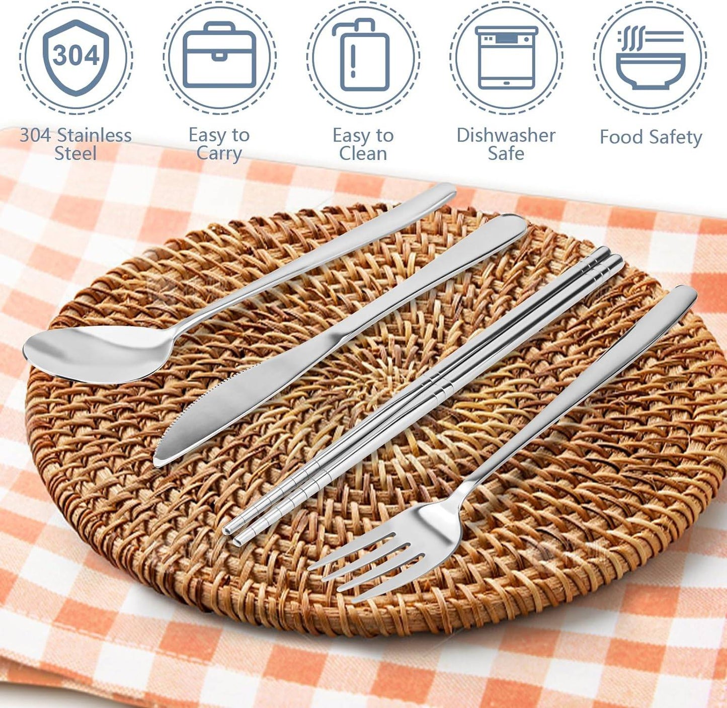 Conjunto de Talheres Portátil de Aço Inoxidável 4 Peças com Estojo para Marmita Reutilizável para Viagem e Acampamento