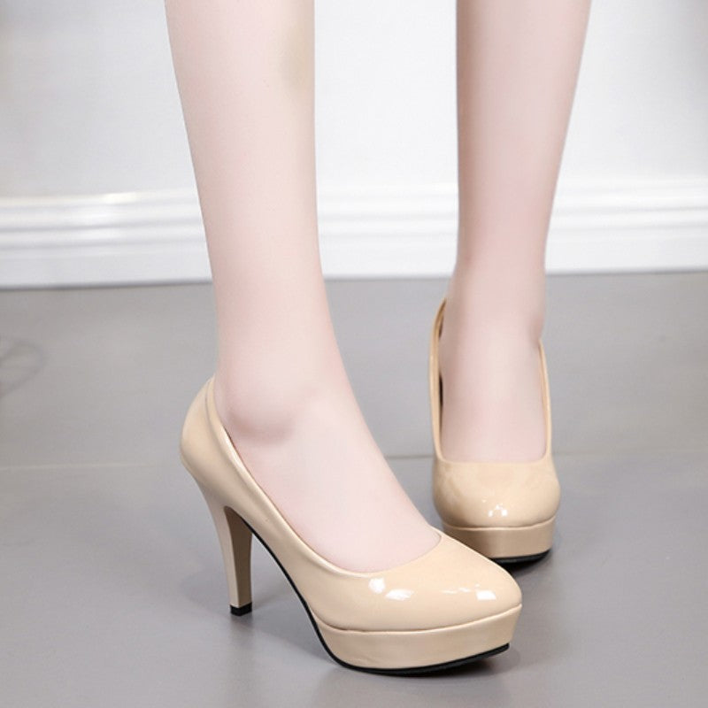 Scarpins bege impermeáveis plataforma salto alto feminino primavera e outono couro envernizado bico redondo sexy salto agulha sapatos de casamento 10cm Tamanho 42