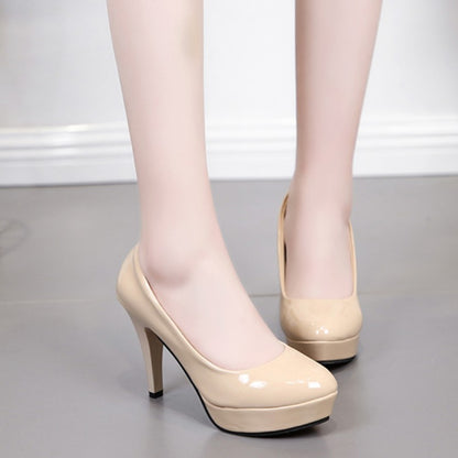 Scarpins bege impermeáveis plataforma salto alto feminino primavera e outono couro envernizado bico redondo sexy salto agulha sapatos de casamento 10cm Tamanho 42