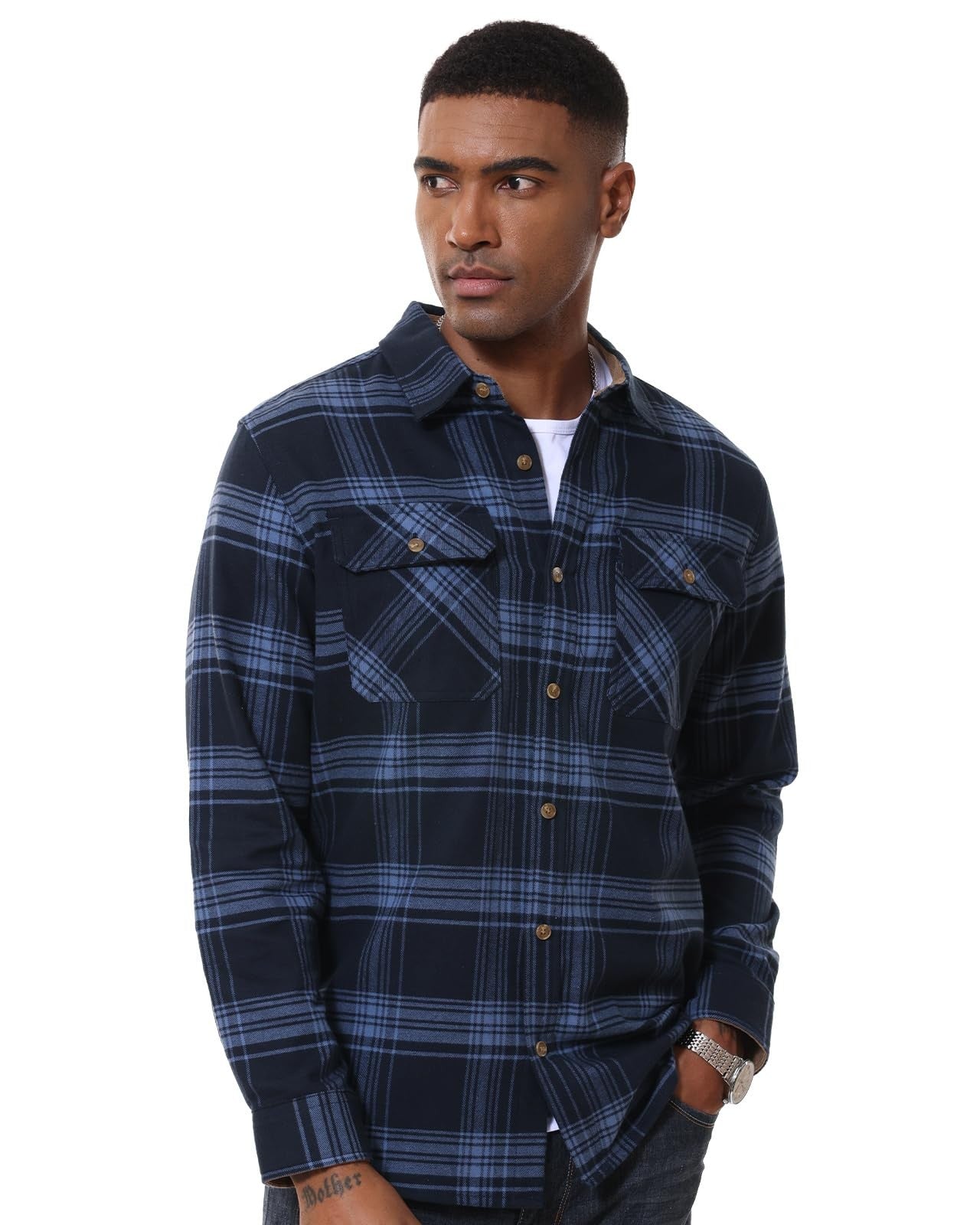 MAGCOMSEN Flannel Shirts Men's Long Sleeves Cotton Long Sleeve Plaid Shirt with 2 Pockets Button Down Casual Corduroy Shirt Male