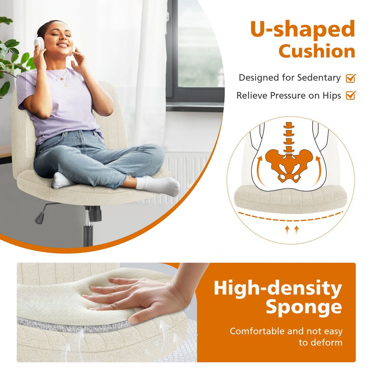 JHK Cross Legged Office Living Room Rocking Gaming Chair Armless Wide Desk Adjustable Swivel Fabric Task Vanity Home Office