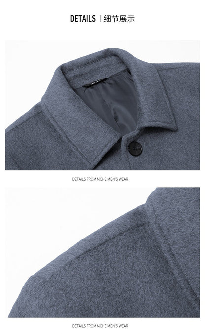 High-quality men's fashionable, stylish and versatile solid-color casual long woolen overcoat, wool woolen overcoat