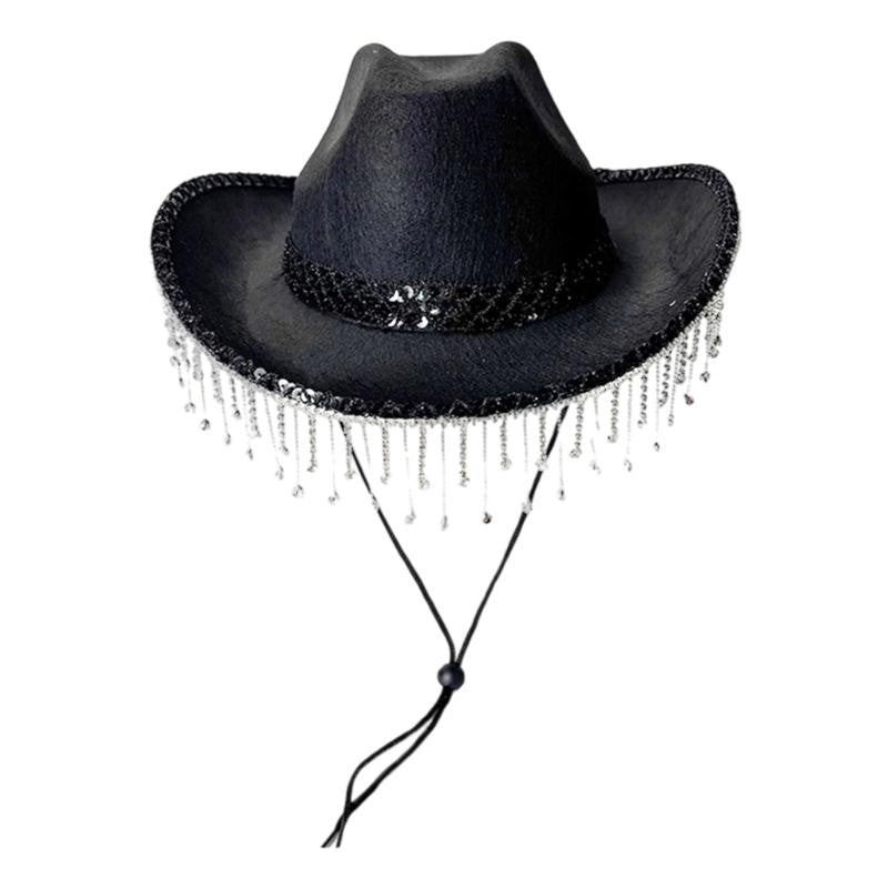 31BB Western Bridal Accessory Rhinestones Studded Tassels Lace Cowboy Hats Panama Hat Photography Props