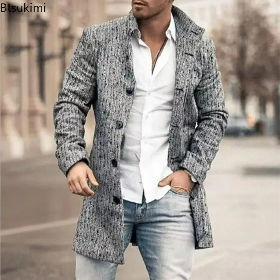 2025 Men's Casual Wool Blends Jacket Plaid Print Long Sleeve Buttoned Jackets Coats Tops Male Warm Outerwear Long Coats Men 4XL