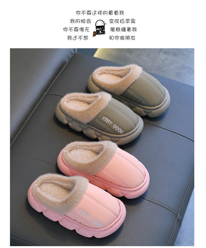 New Children's PU Leather Plush Slippers Soft Sole Non-slip Winter Warm Baby Boys Girls Indoor Home Cotton Shoes