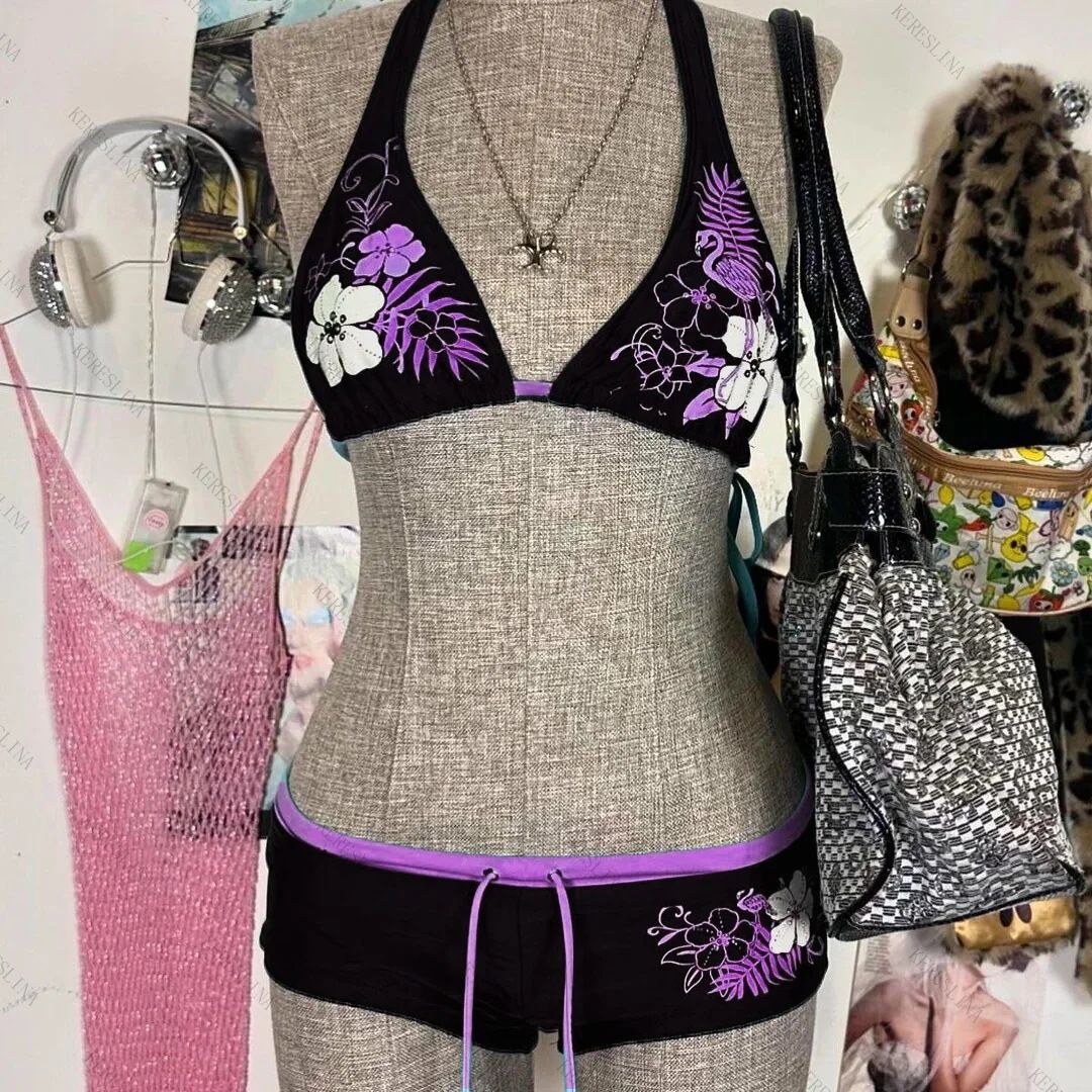 2025 New Chic Split Bathing Suit Y2k Vintage Flower Pattern Bikini Set Swimsuit Women Halter Triangle Lace Up Shorts Sexy Bikini