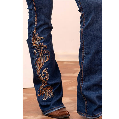 Stylish Cowgirl Boo-Cut Denim Jean Exquisite Embroidery Stretch & Comfortable Ladies Country Outfit Western Women Trousers T02