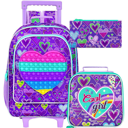 Mochila de Rodinha 3 Peças para Meninas, Mochila Escolar com Rodas para Crianças, Mochila Escolar com Lancheira - Roxo