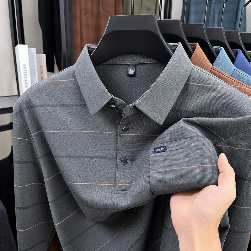 2025 long sleeved men's spring and autumn collar striped pullover top with loose pockets polo shirt