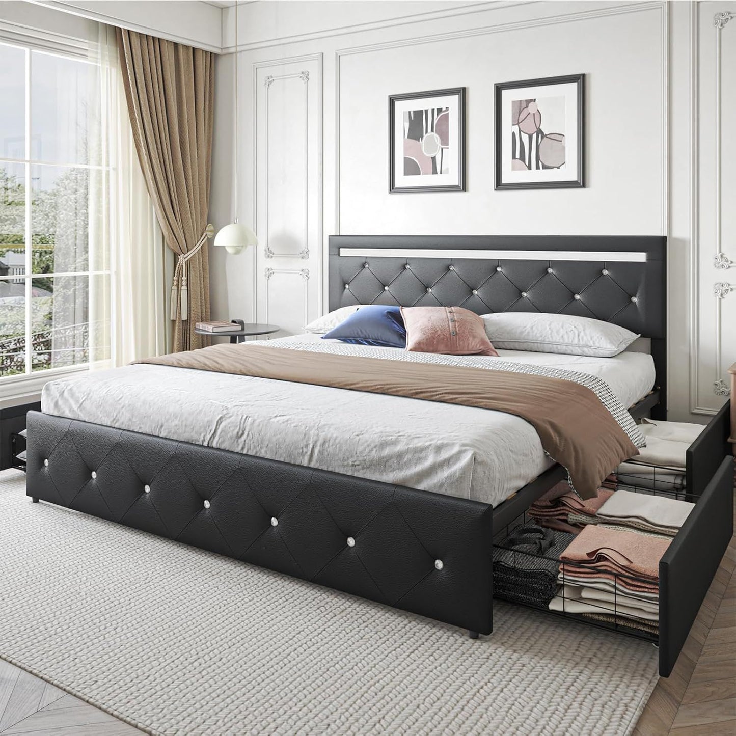 Bed Frame Full Size with LED Light and Storage Drawers, Adjustable Headboard with PU Leather Upholstered, 2 Sockets and 2 USB