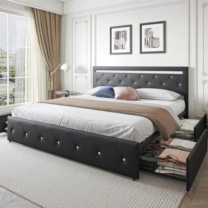 Bed Frame Full Size with LED Light and Storage Drawers, Adjustable Headboard with PU Leather Upholstered, 2 Sockets and 2 USB