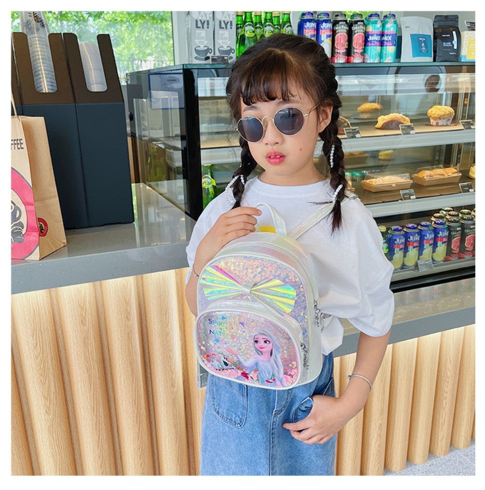 Mochila Mini de Glitter Princesa Elsa de Frozen da Disney, Linda com Laço de Lantejoulas, Bolsa Escolar de Jardim de Infância para Meninas, Desenho Animado Infantil, Mochila de Ombro Duplo