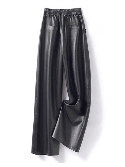 Black Genuine Leather Pants Women Sheepskin Straight Pants Spring Autumn High Waist Belt Loose Real Leather Casual Trousers